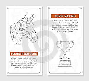 Horse Sport Cards Templates with Place for Text, Horse School, Riding Lessons, Equestrian Club, Monochrome Hand Drawn