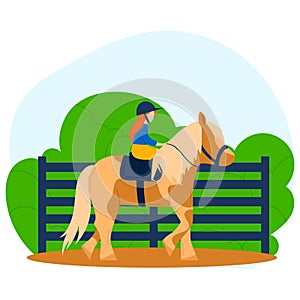 Horse sport, equestrian with animal, vector illustration. Woman rider in cartoon horseback saddle at ranch equine