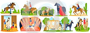 Horse sport race vector illustration set, cartoon flat animal horsy collection with horse jockey ride, circus performers