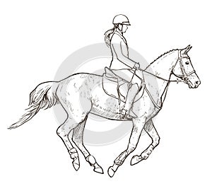 Horse sports illustration, female riding galloping horse hand drawn vector illustration