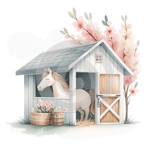 Horse stable farm images in watercolor style designed with soft spring color, on a white backgroundPlow