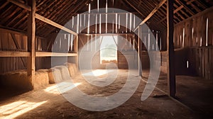 Horse stable with hay bales and sun beams. Toned.