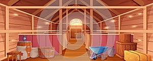 Horse stable interior or farm barn for animals inside view
