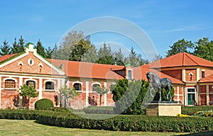 The horse stable made of red bricks.