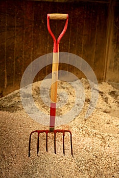 Horse stable witth straw fork tool, sawdust photo