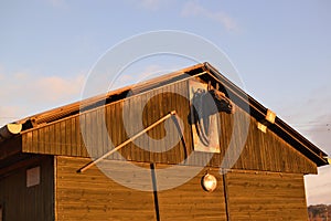 Horse stables wooden building in winter