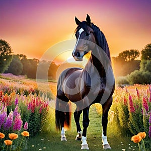 horse standing in field of flowers with sunset in the background and a