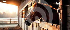 A horse standing in a stable with its head sticking out, AI