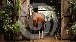 A horse standing in a stable, looking out through its stall door