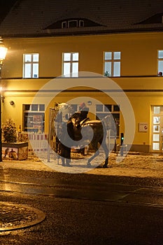 Horse statue as an attraction for children at Schlossplatz KÃ¶penick. Berlin, Germany