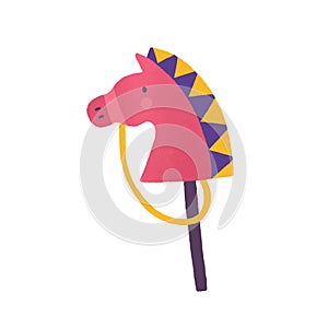 Horse on stick flat vector illustration. Animal head toy isolated on white background. Colorful plaything, childhood