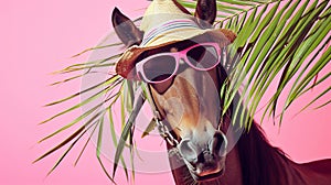 horse with sunglasses and hat under palm leaf on pastel summer background. AI Generative
