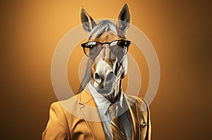 Horse with sunlgasses wearing suit and tie on solid background. Generative AI