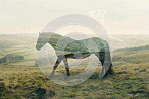 A horse superimposed with the rolling hills of a countryside landscape in a double exposure