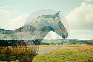 A horse superimposed with the rolling hills of a countryside landscape in a double exposure