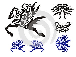 Horse symbols with a wing, a butterfly and fish
