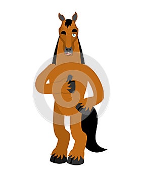 Horse thumbs up and winks. Steed happy emoji. hoss Vector illustration