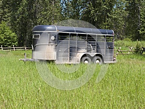 Horse trailer in tall green grass