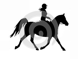 Horse trot silhouette with English woman rider isolated on white