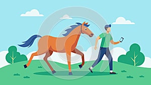 A horse trotting around the pasture with its owner using the fitness tracker to ensure it gets enough daily exercise