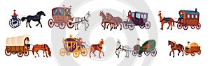 Horse vehicles. Ancient trip wagon victorian carriage, wagoneer chariot or working rustic horses cart, wedding royal