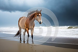 Horse is walking on the beach under stormy skies. Generative AI