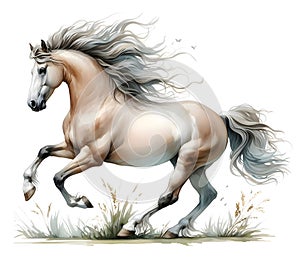 Horse. Watercolor. A strong white stallion. The mane and tail develop beautifully. Banner. Isolated illustration on a