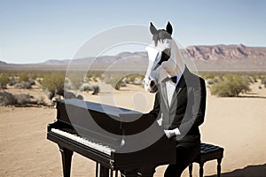Horse wearing tuxedo playing piano in middle of desert. Abstract surreal background. AI generated