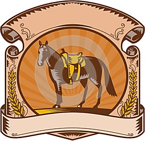 Horse Western Saddle Scroll Woodcut photo