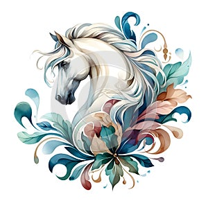 Horse. A white horse in flowers. Horse head. Mare. Portrait. Watercolor. Isolated illustration on a white background