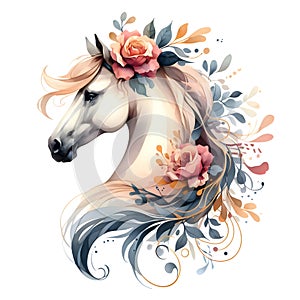 Horse. A white horse in flowers. Horse head. Mare. Portrait. Watercolor. Isolated illustration on a white background