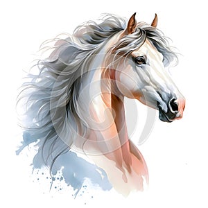 Horse. A white horse. Horse head. Mare. Portrait. Watercolor.  illustration on a white background. Banner. Close