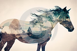 Horse and wild nature. Double exposure. Ai generative