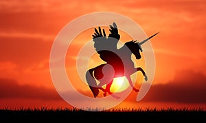 Horse with Wings and Horn Pegasus Unicorn Flying On Sky Sunset