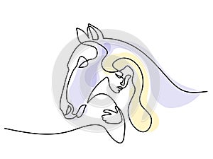 Horse and woman heads logo. Continuous one line drawing.