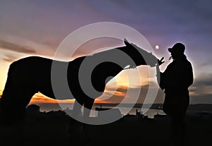 Horse and woman silhouette beautiful sunset landscape friendship. Uruguay, Cabo