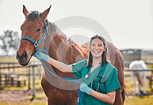 Horse, woman veterinary and portrait outdoor for health and wellness in the countryside. Happy doctor, professional
