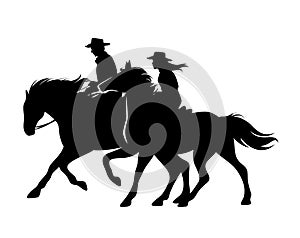 Cowboy and cowgirl riding horses black vector silhouette photo