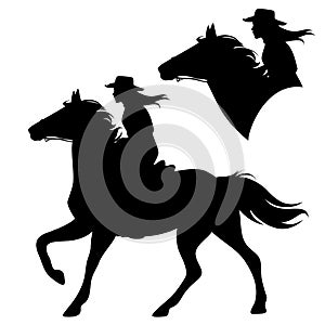 Horseback cowboy woman and running horse vector