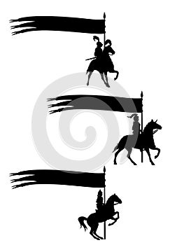 Horseback knights with long banners black vector silhouettes