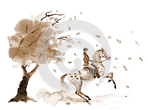 Horseback rider and rearing dapple grey horse. Autumn tree with falling windy leaves.