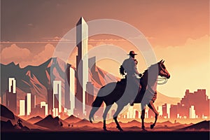A horseback rider\'s silhouette against a futuristic desert city. illustration painting