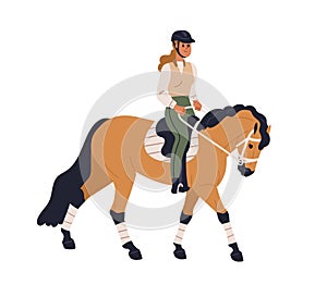 Horseback rider. Woman riding horse. Female equestrian on stallion back. Equine stroll, walk, horseriding hobby. Girl