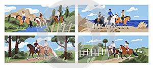 Horseback riders in nature set. People riding horse, stallion backs. Landscapes with men, women in helmets during