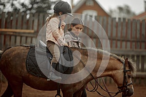 Horseback riding little girl on pony