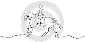 Horseback riding one line art. Continuous line drawing horse, rider, saddle, trot, horse racing, polo, sport