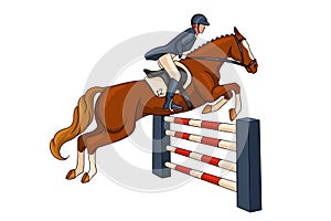 Horseback Riding Woman Riding a Horse Over an Obstacle in Cartoon Style