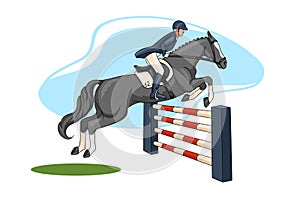 Horseback Riding Woman Riding a Horse Over an Obstacle in Cartoon Style