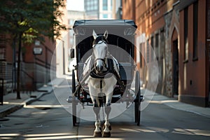 horsedrawn carriage advancing towards camera in urban setting photo