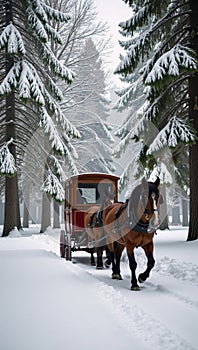A horsedrawn carriage amidst a snowy winter forest
